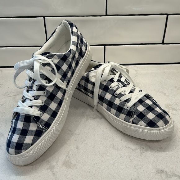 J. Crew Factory Navy Blue Gingham Printed Canvas Lace Up Road Trip Sneakers SZ 9 - Picture 13 of 16